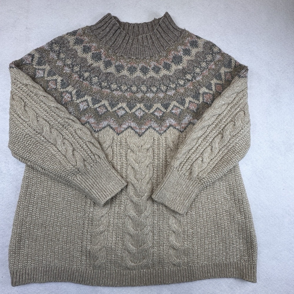 Chico's Fair Isle‎ Cable Knit Sweater Women 3P XLP Tan Metallic Nordic Boho Cozy